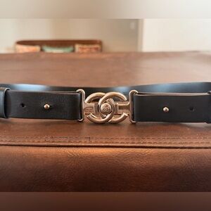 CHANEL Black Belt with Silver-Tone Logo Buckle